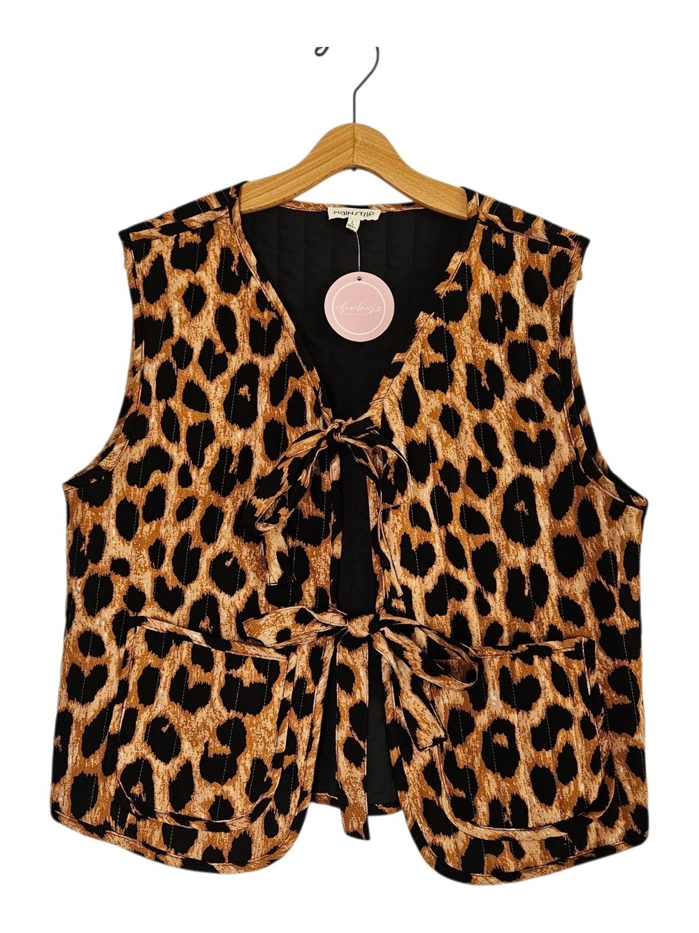 Main Strip Quilted Leopard Print Tie-Front Sleeveless Vest Black Brown Mob Wife